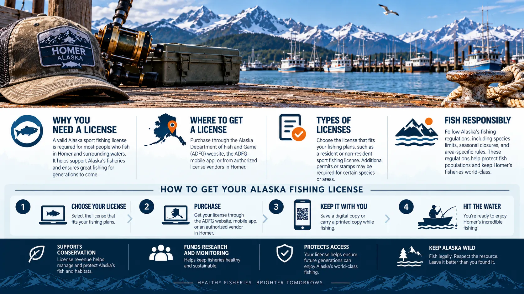 A diagram of how to get an Alaska sport fishing licence: why one is needed, where to buy it, which type to choose, and a four-step sequence from choosing a licence to fishing. All of it is described in the text below.