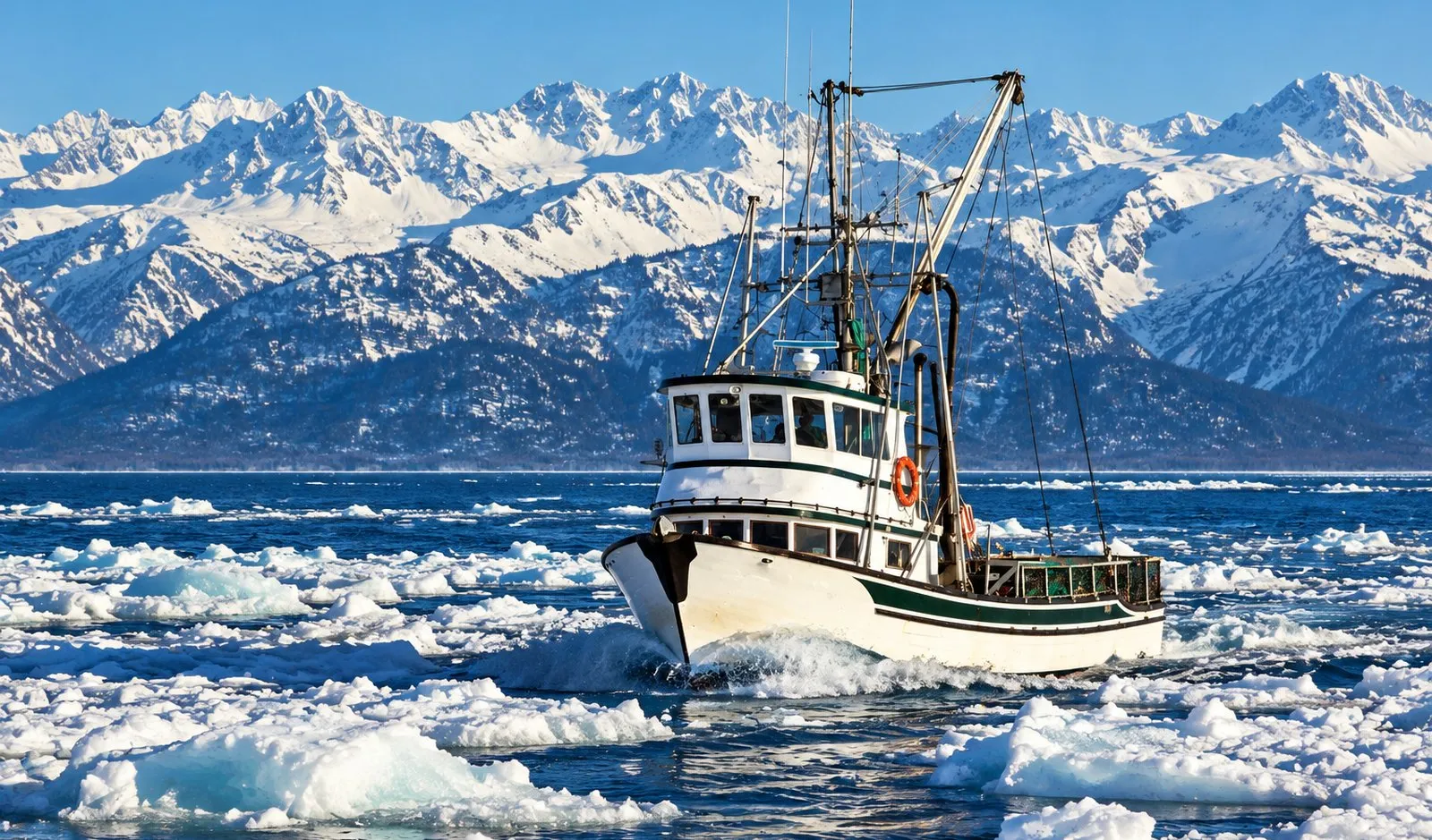 A working fishing boat on Alaskan water below snow-covered mountains
