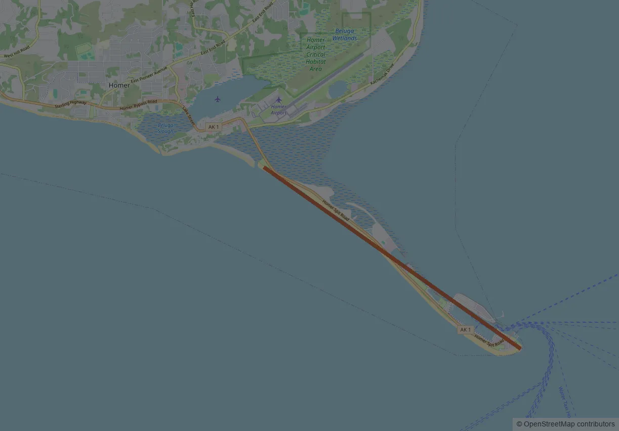 A small map of the Homer Spit reaching out into Kachemak Bay.