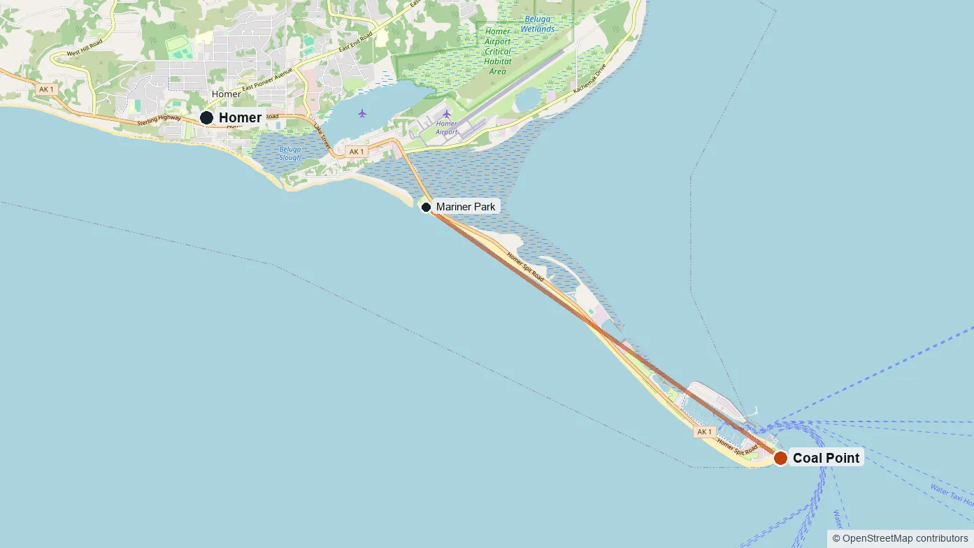 A map of Homer. The town sits inland on the mainland to the north-west, and the Homer Spit runs out south-east into Kachemak Bay, ending at Coal Point with the small boat harbour near its tip.