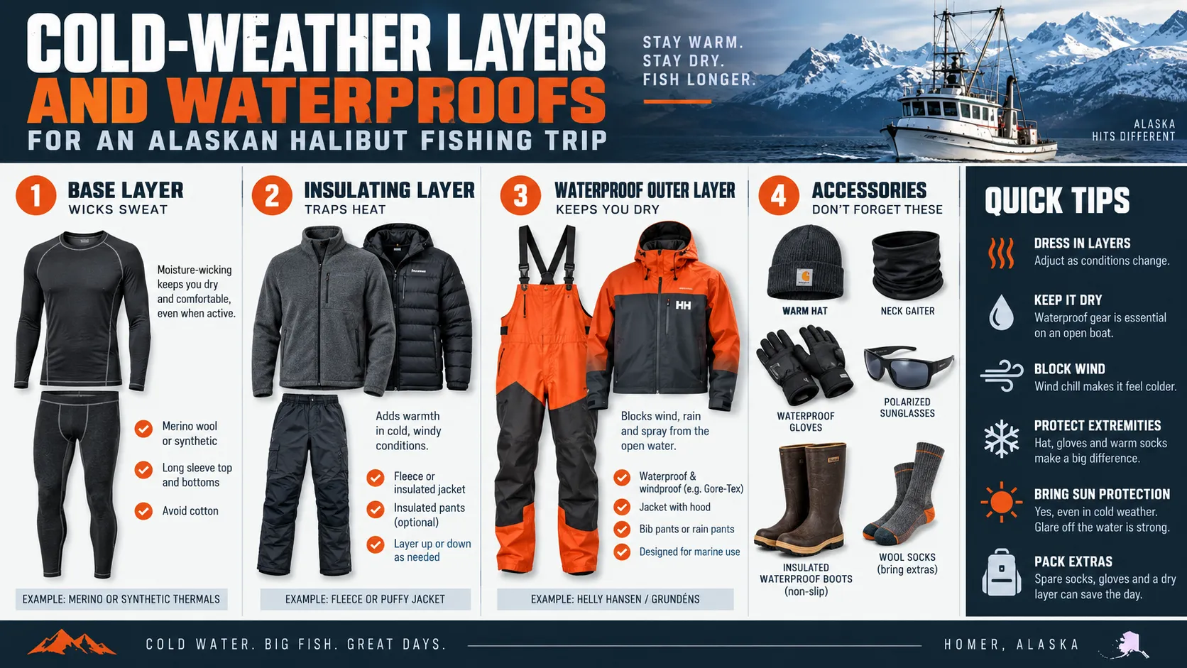 A diagram of the four layers for an Alaskan halibut trip: a wicking base layer, an insulating mid layer, a waterproof outer layer, and accessories. Each one is described in the text below.