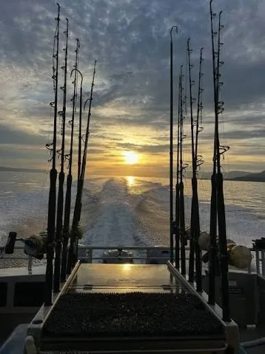 Heavy rods upright in a stern rack as a charter boat runs out at sunrise, its wake trailing behind